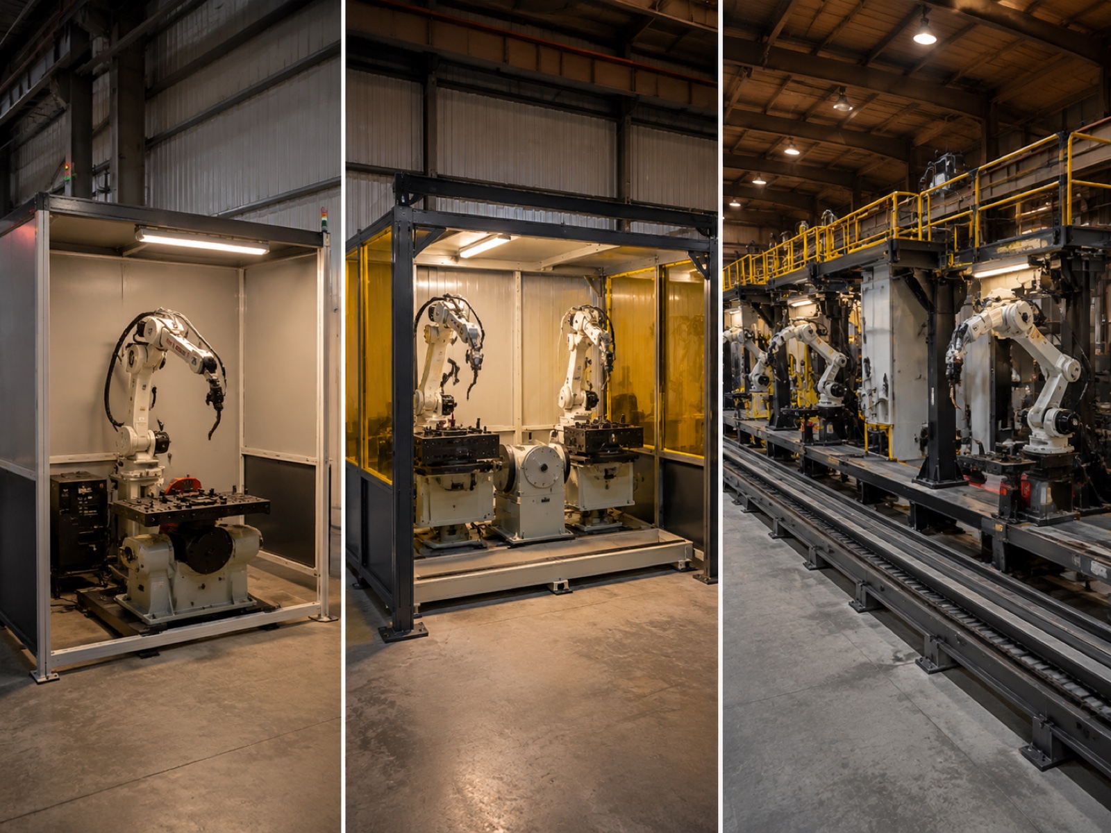 Three robotic welding cell tiers compared side by side: entry single-station, mid dual-station, and pillar multi-station with linear track