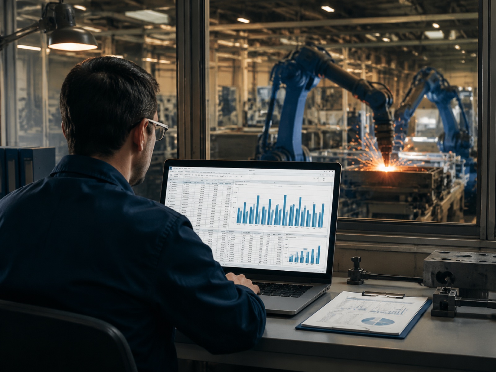 Engineer at a workstation calculating robotic welding cell ROI with an operating welding cell visible in the background