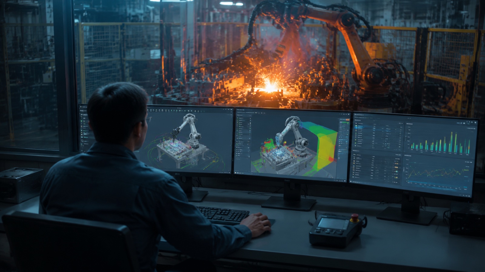 Engineer at a multi-monitor workstation viewing welding simulation software with a live robotic welding cell visible through the glass behind