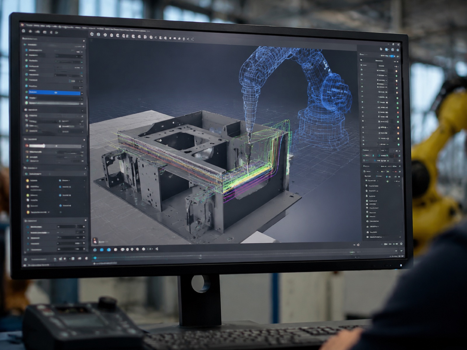 Close-up of a robotic welding offline programming software interface showing 3D path trajectories on a virtual workpiece