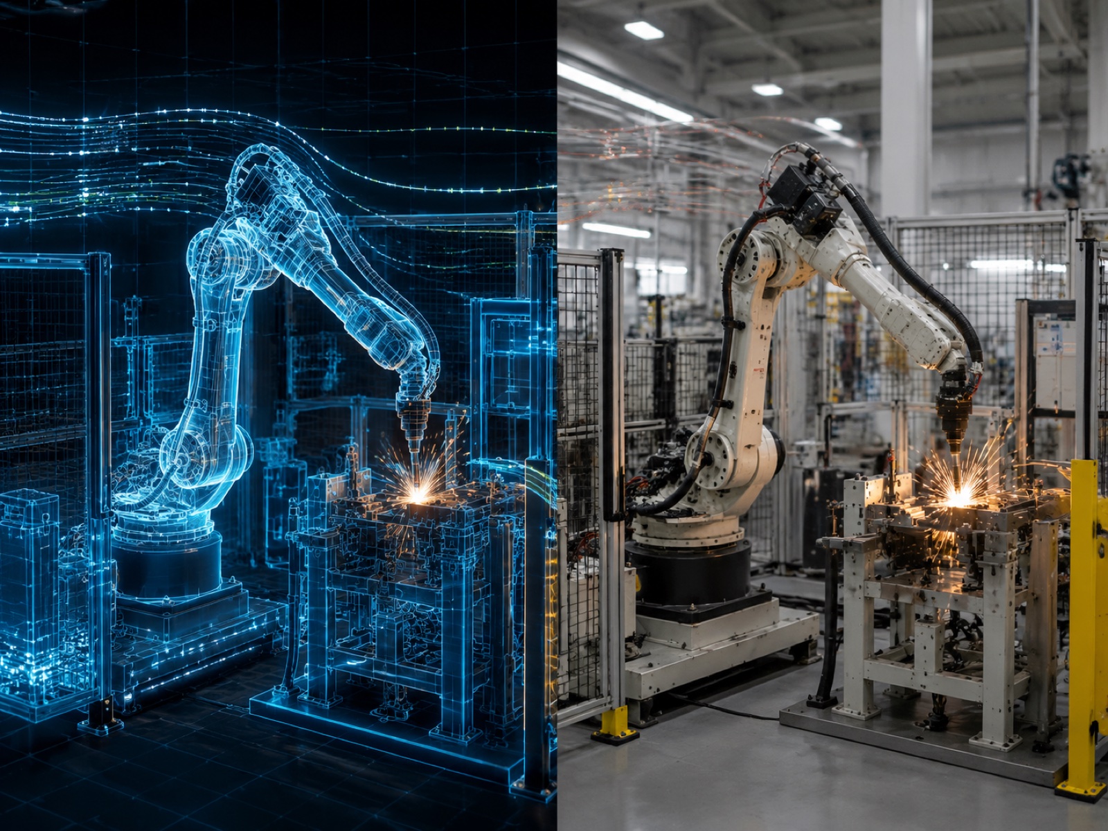Split-screen comparison of a virtual digital twin robot cell on the left and the identical physical robotic welding cell on the right