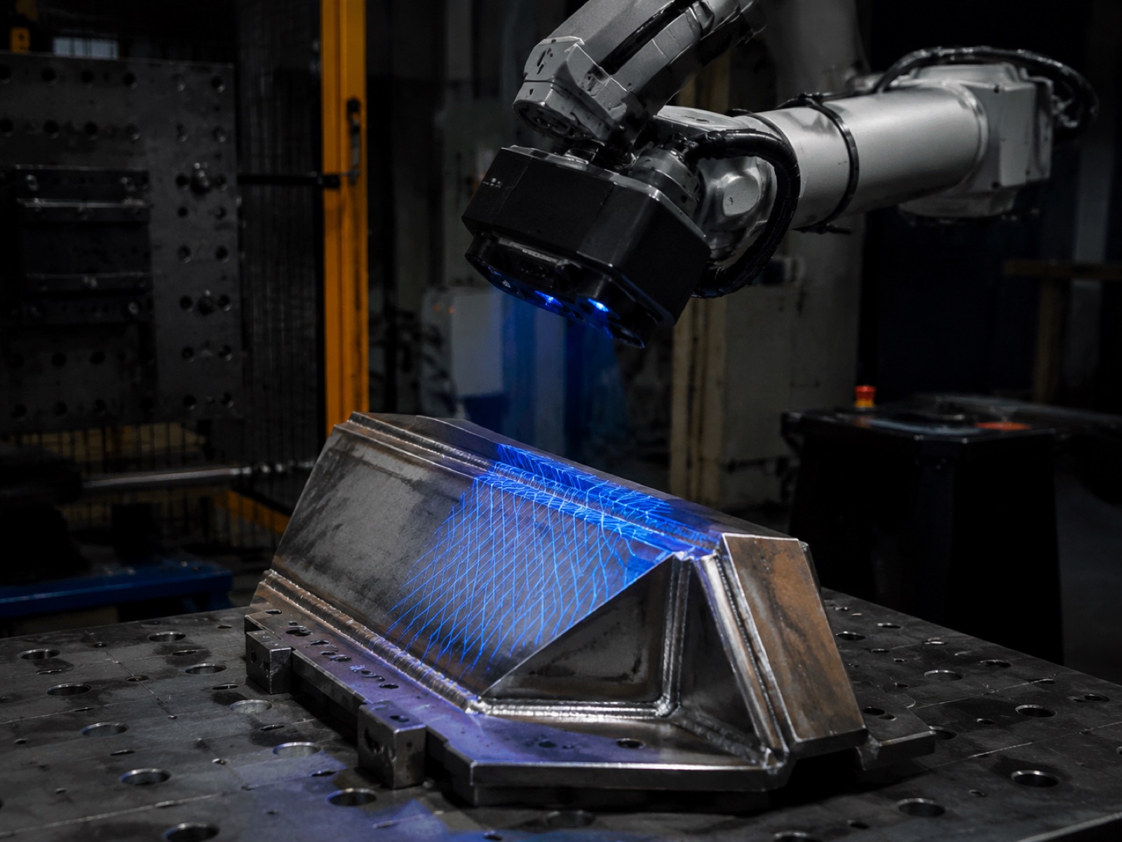 Collaborative robot arm holding a 3D structured-light scanner projecting a blue laser pattern onto a metal workpiece for automatic weld seam detection