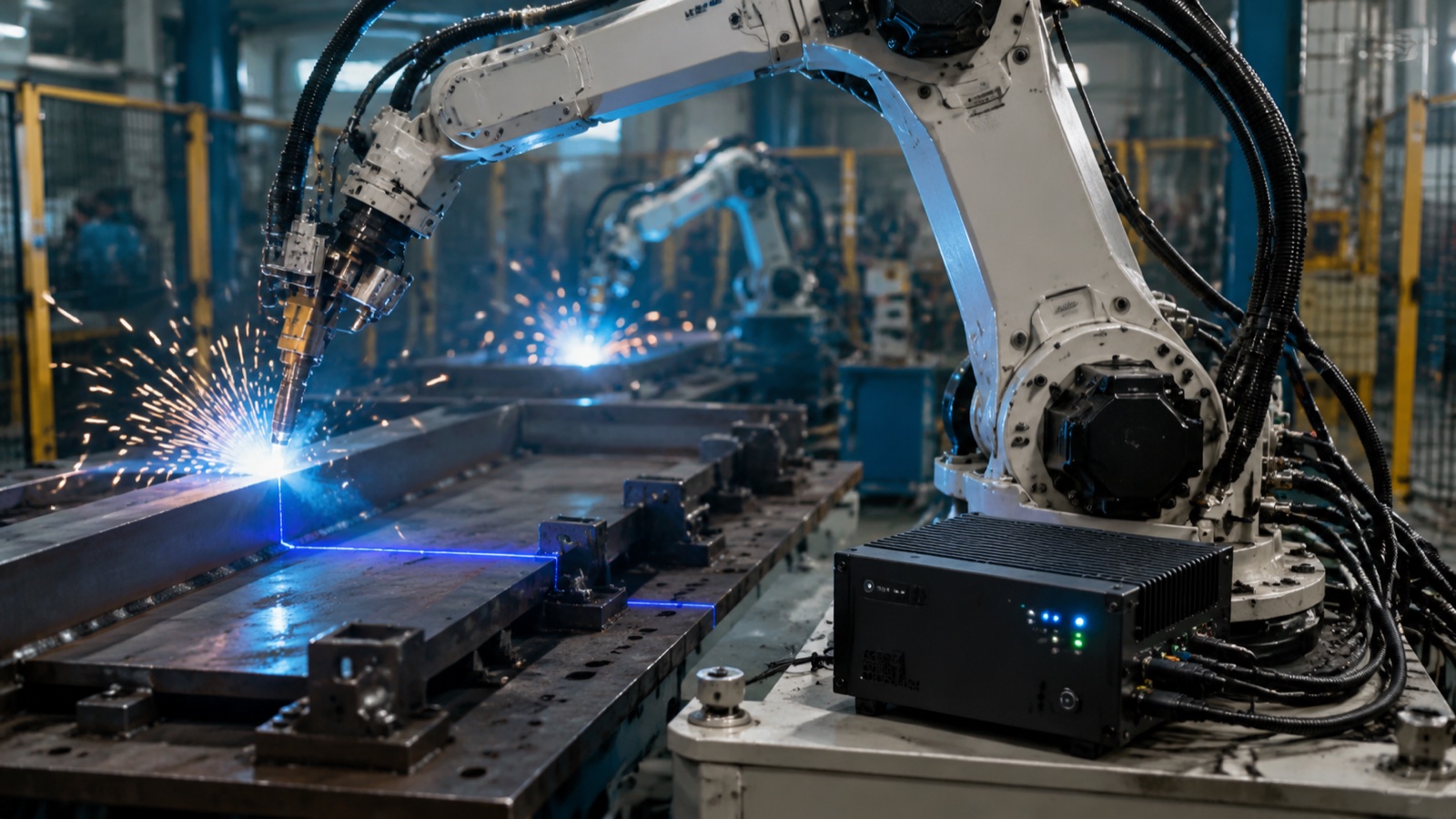 Robotic welding cell with AI vision system: blue laser line scanning weld bead and edge compute box on robot base