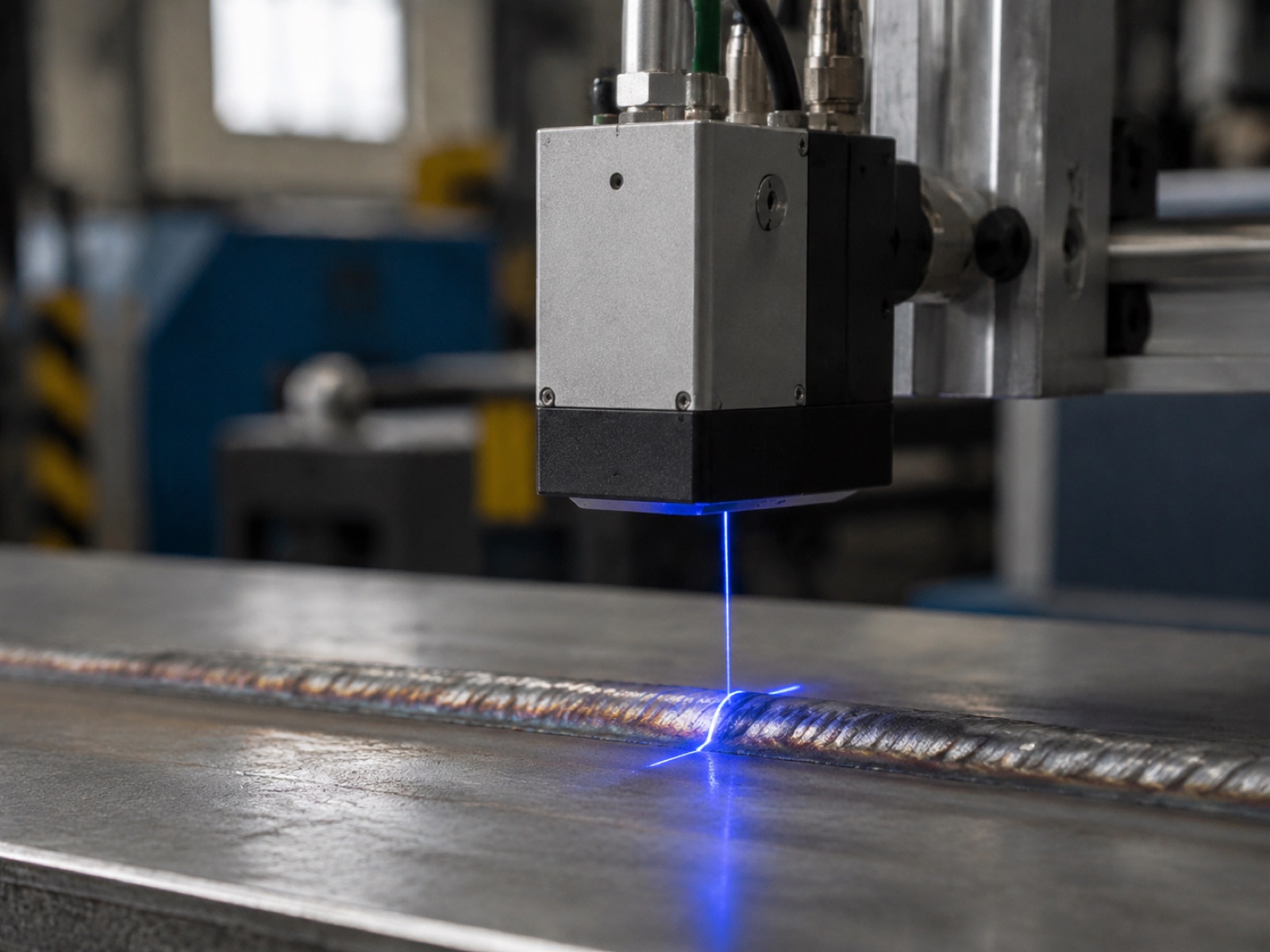 3D laser profiler scanning a completed robotic weld bead for post-weld AI vision inspection