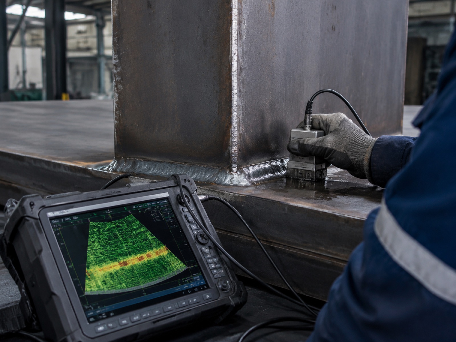 Technician performing phased-array ultrasonic testing (PAUT) on a welded steel joint for NDT inspection