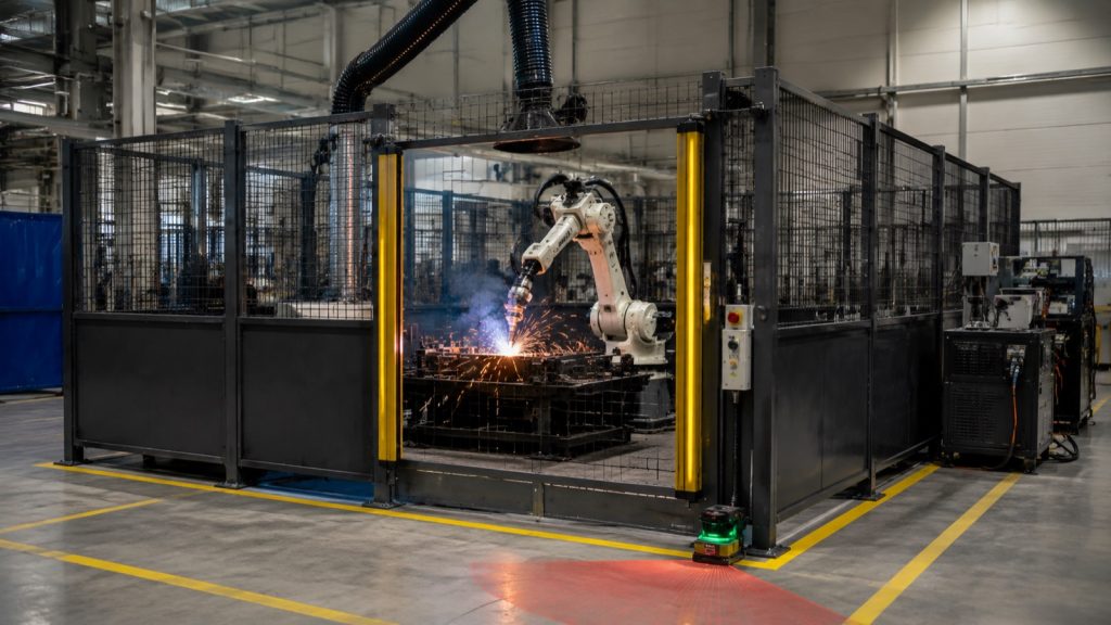 Industrial robotic welding cell with safety light curtain and area scanner visible at perimeter