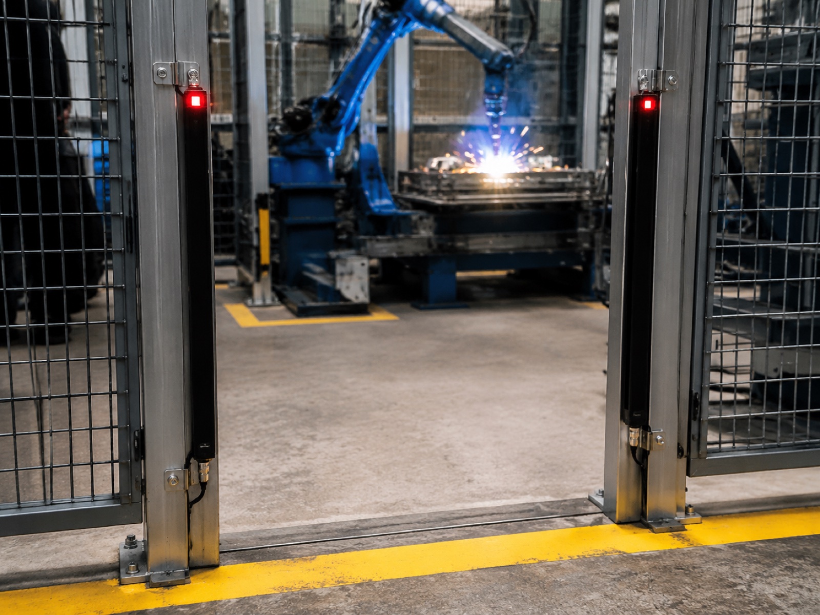 Type 4 safety light curtain installed at robotic welding cell entry opening with LED status indicators