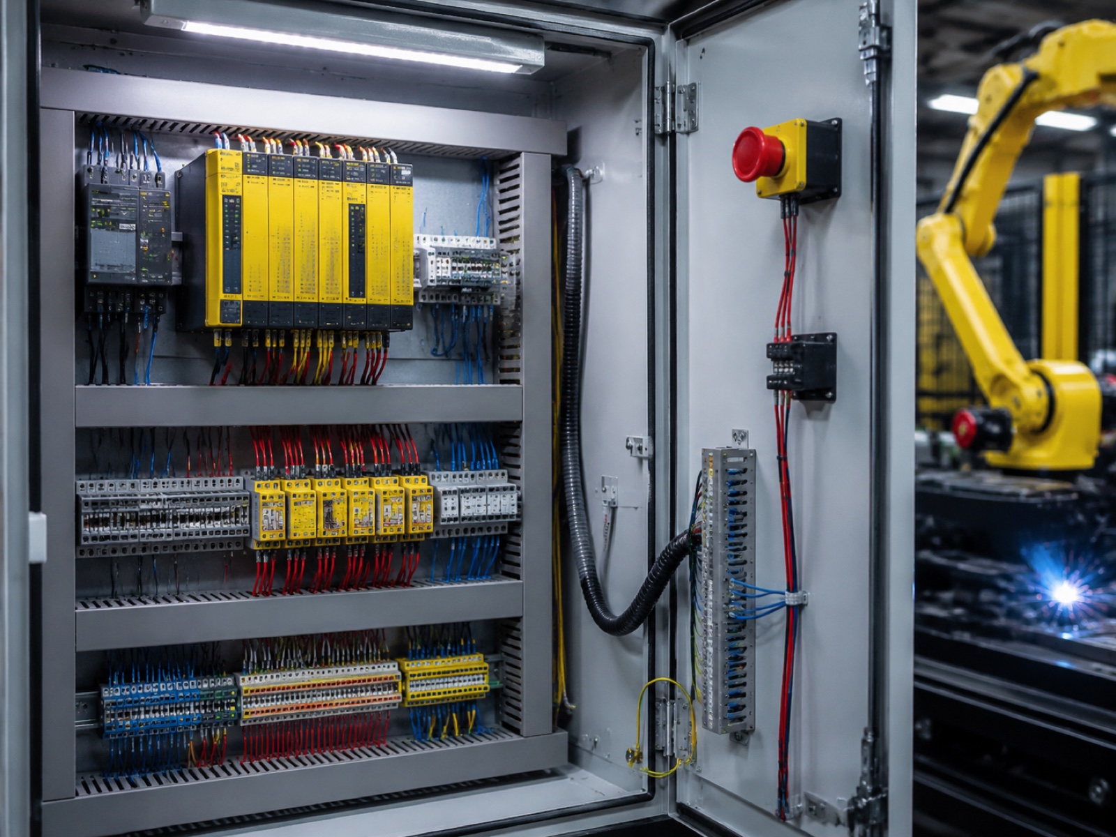 Safety-rated PLC and e-stop circuit panel inside a robotic welding cell electrical cabinet