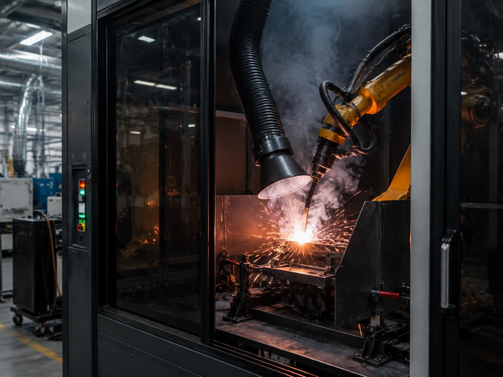 Robotic welding cell in operation with fume extractor, spatter shield, and arc visible behind safety glass