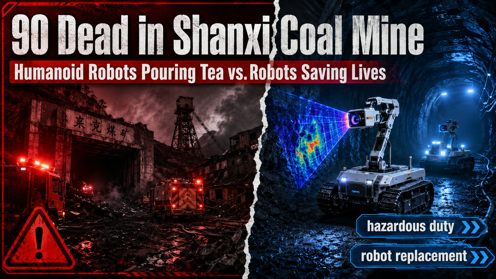 Split scene of the Shanxi coal-mine disaster site and blast-proof inspection robots scanning an underground tunnel