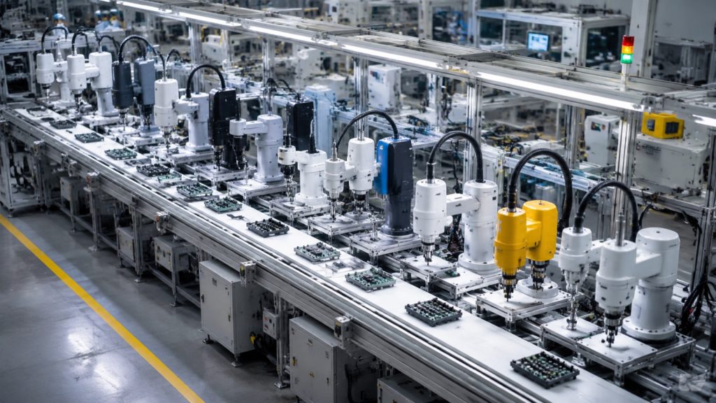 Lineup of SCARA robots performing high-speed assembly in a modern 3C electronics factory, top-down view