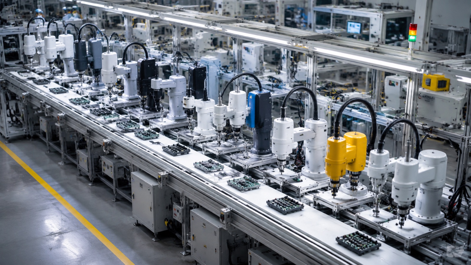 Lineup of SCARA robots performing high-speed assembly in a modern 3C electronics factory, top-down view