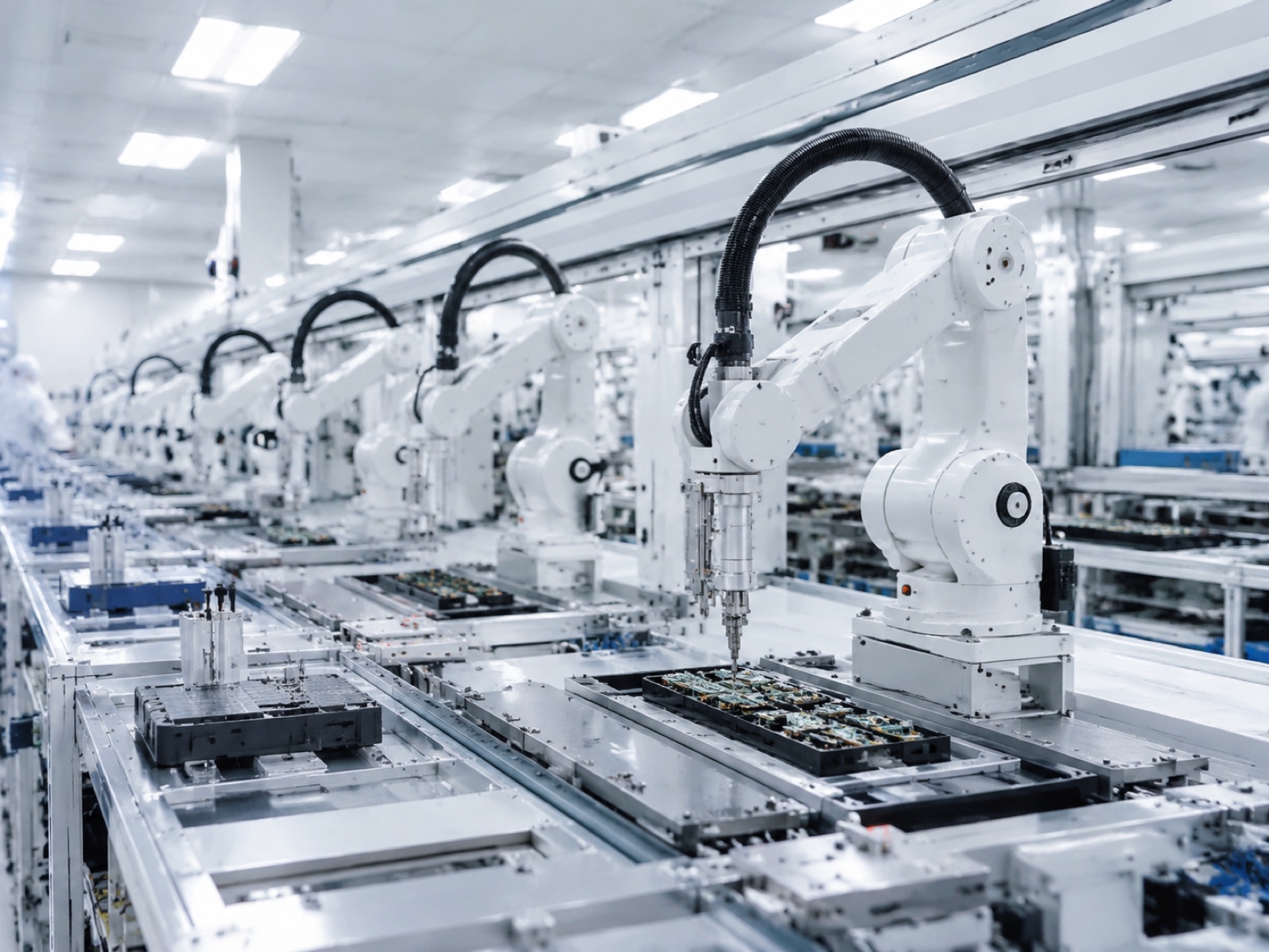 Japanese factory floor with multiple SCARA robots performing high-speed precision electronics assembly