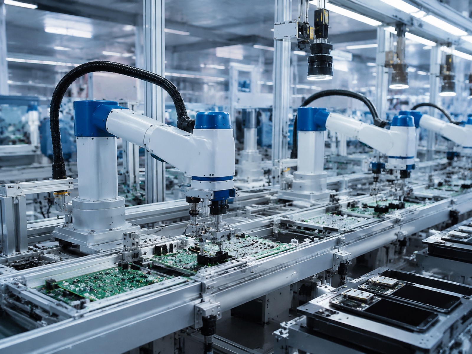 Chinese manufacturing facility with SCARA robots producing electronic components on an assembly line