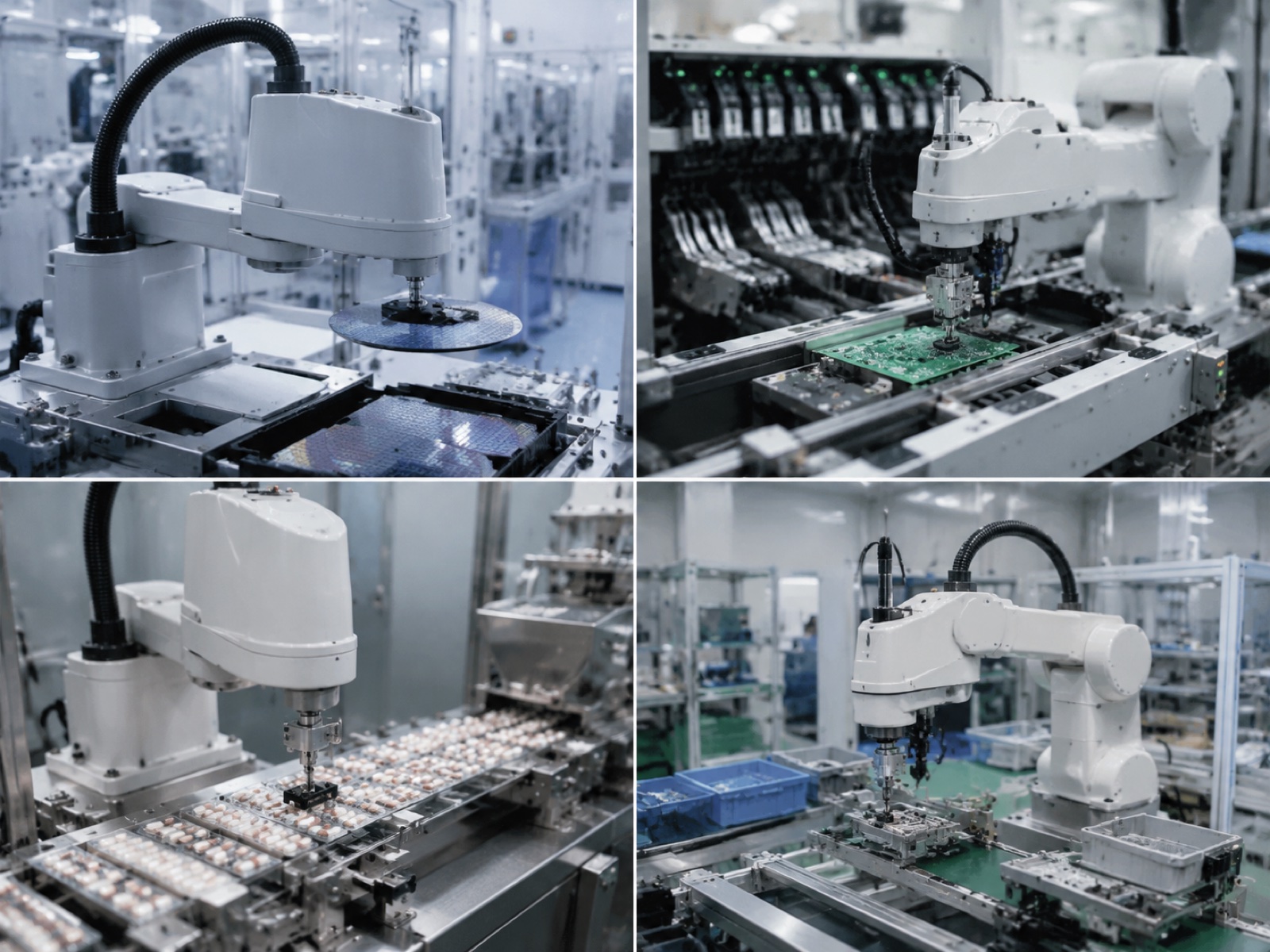 Montage of SCARA robots in four different applications: semiconductor, 3C electronics, pharmaceutical, and general assembly