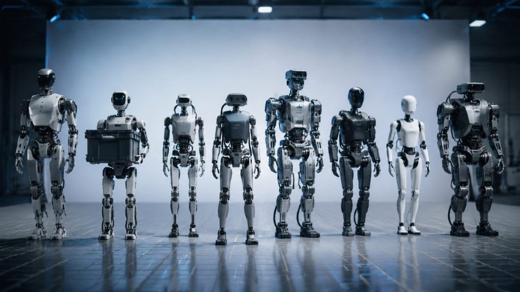 Lineup of eight humanoid robot platforms from leading 2026 manufacturers in a clean industrial showcase, photorealistic editorial composition