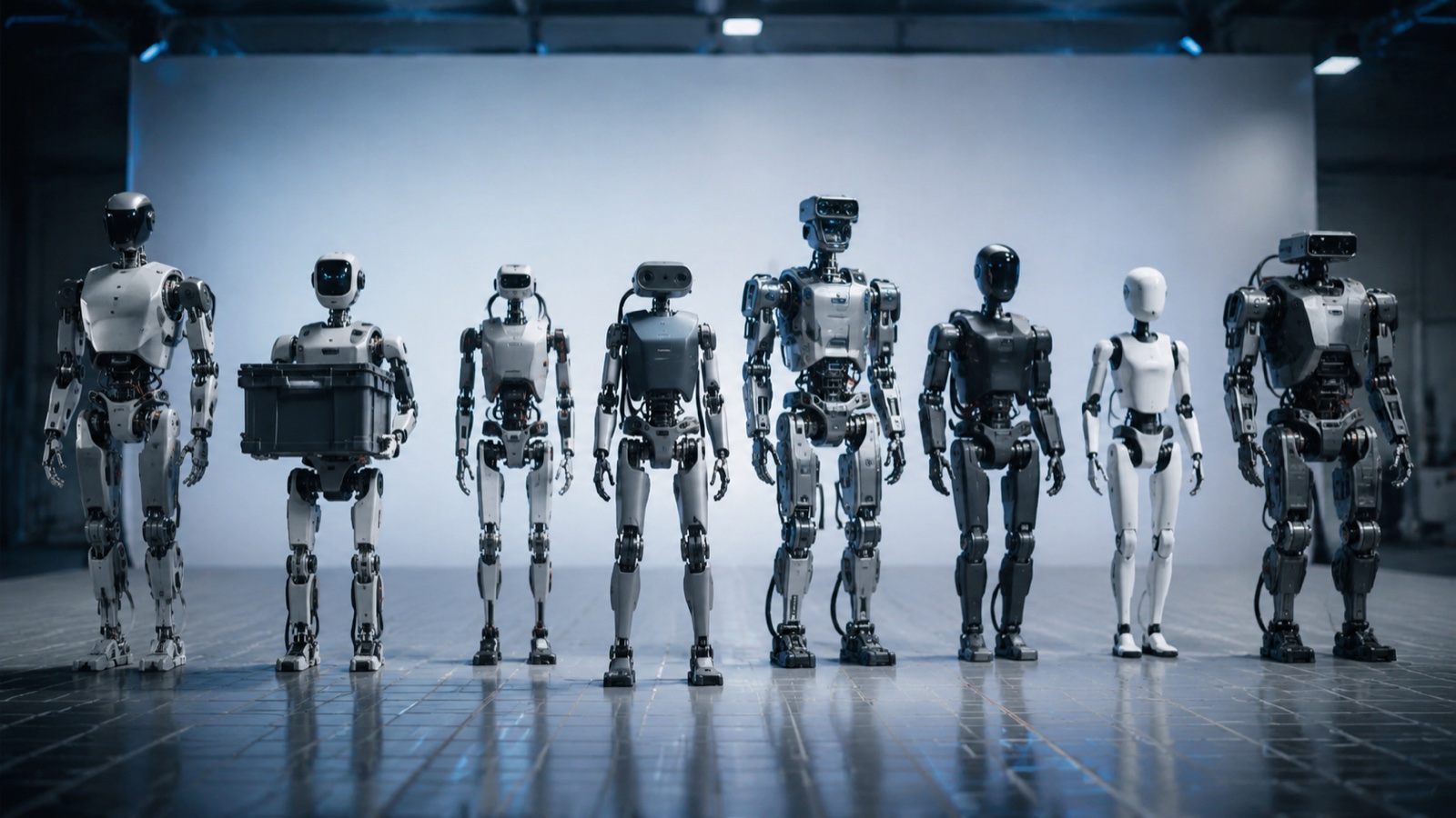 Lineup of eight humanoid robot platforms from leading 2026 manufacturers in a clean industrial showcase, photorealistic editorial composition