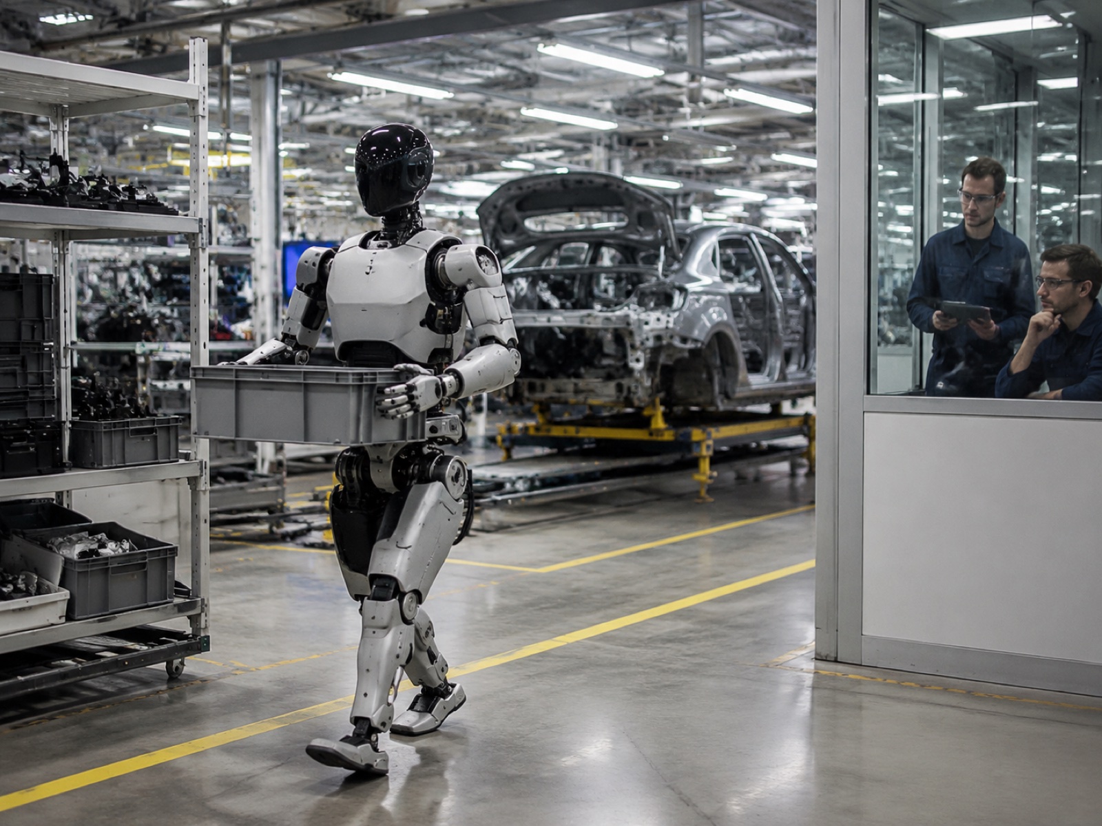 Photorealistic factory floor scene with a humanoid robot performing material handling in an active manufacturing environment