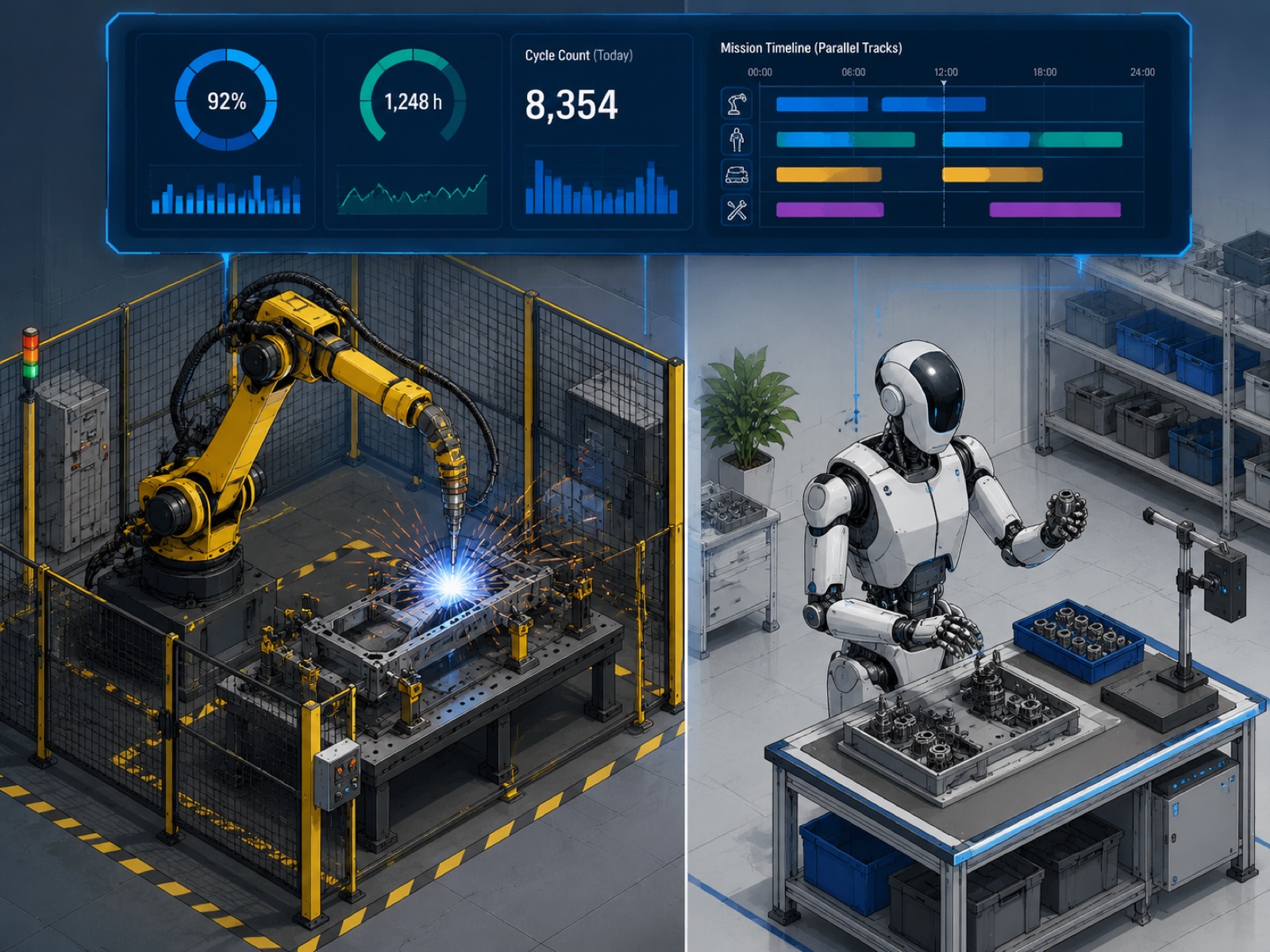 Side-by-side comparison: certified industrial robot arm welding cell on the left, humanoid robot performing flexible assembly on the right, connected by a central control overview