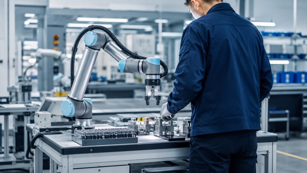 Collaborative robot arm working beside a human worker without a cage