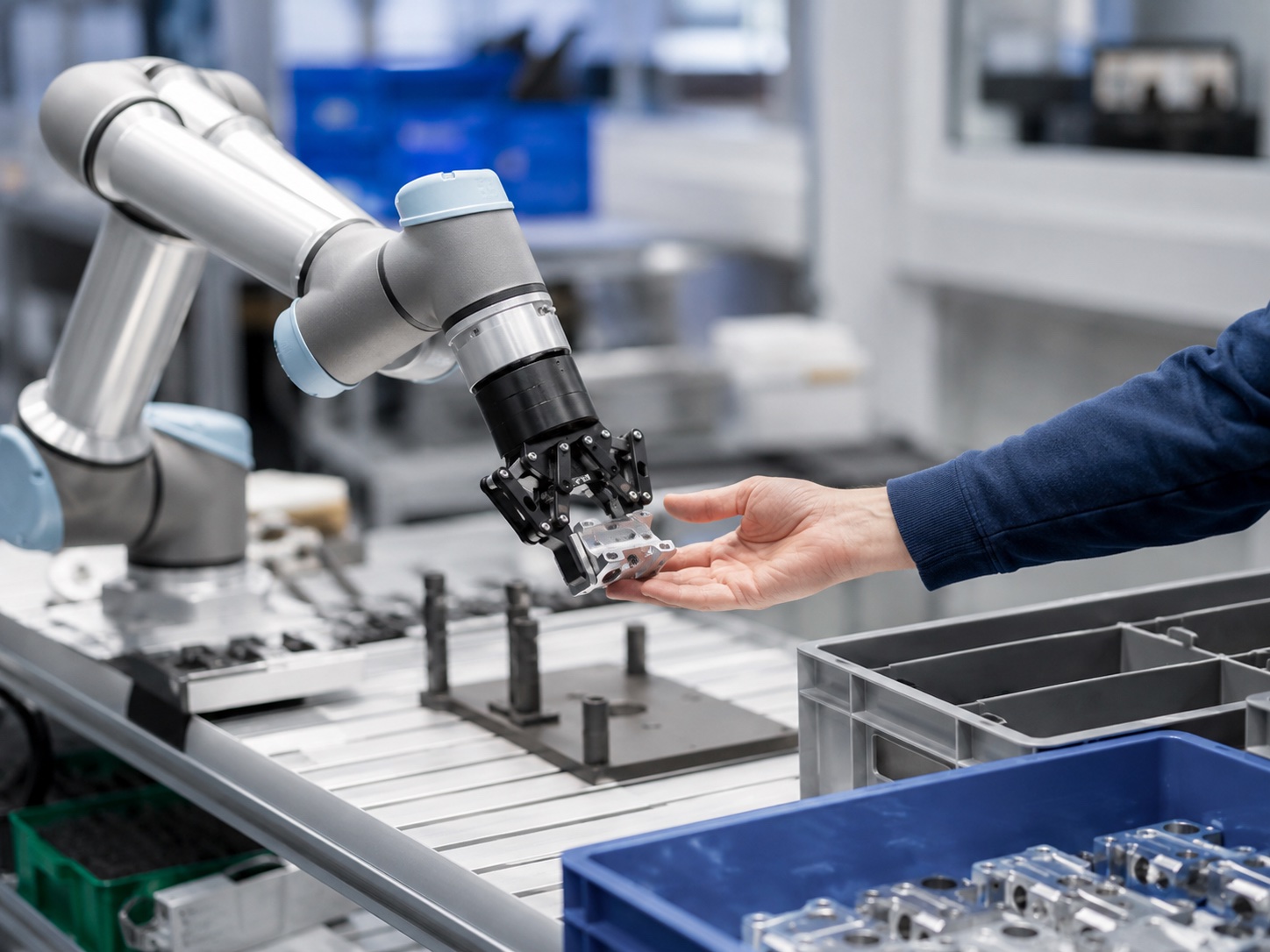 Lightweight cobot handing a part to a worker at an assembly bench
