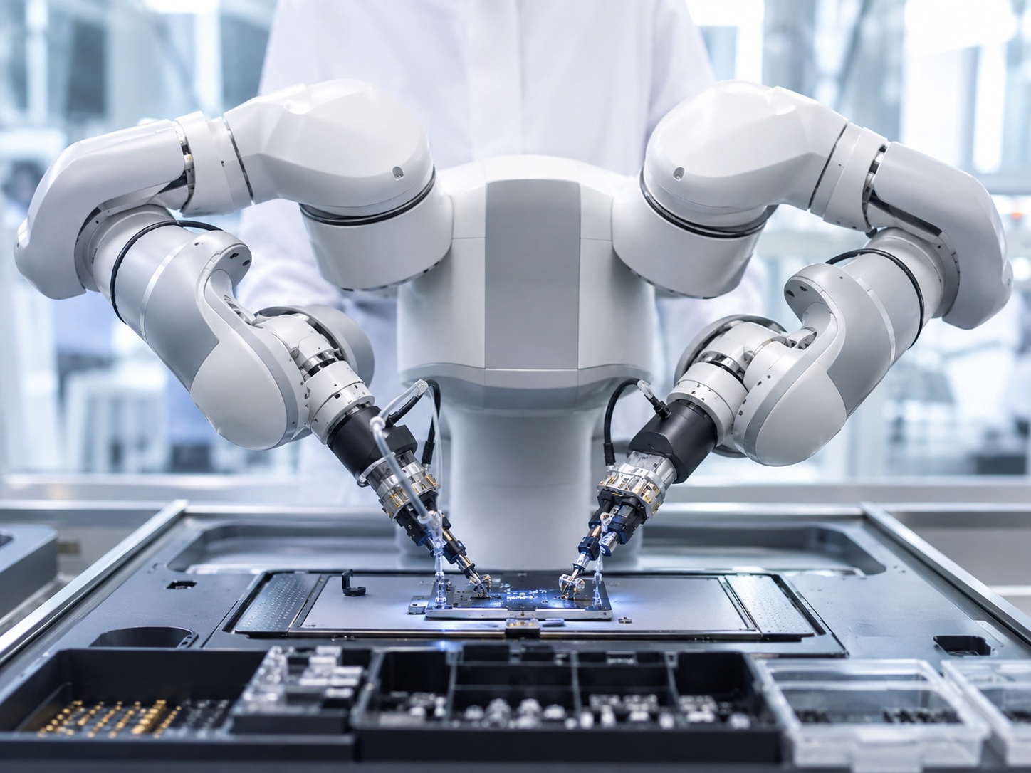 Dual-arm collaborative robot performing precision micro-assembly of electronics