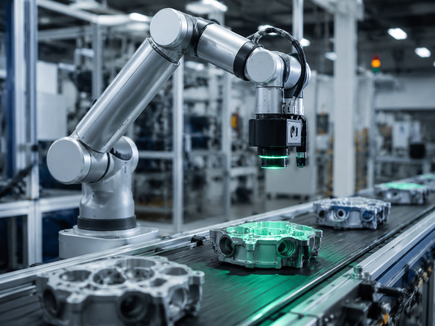 Collaborative robot with built-in vision inspecting parts on a conveyor