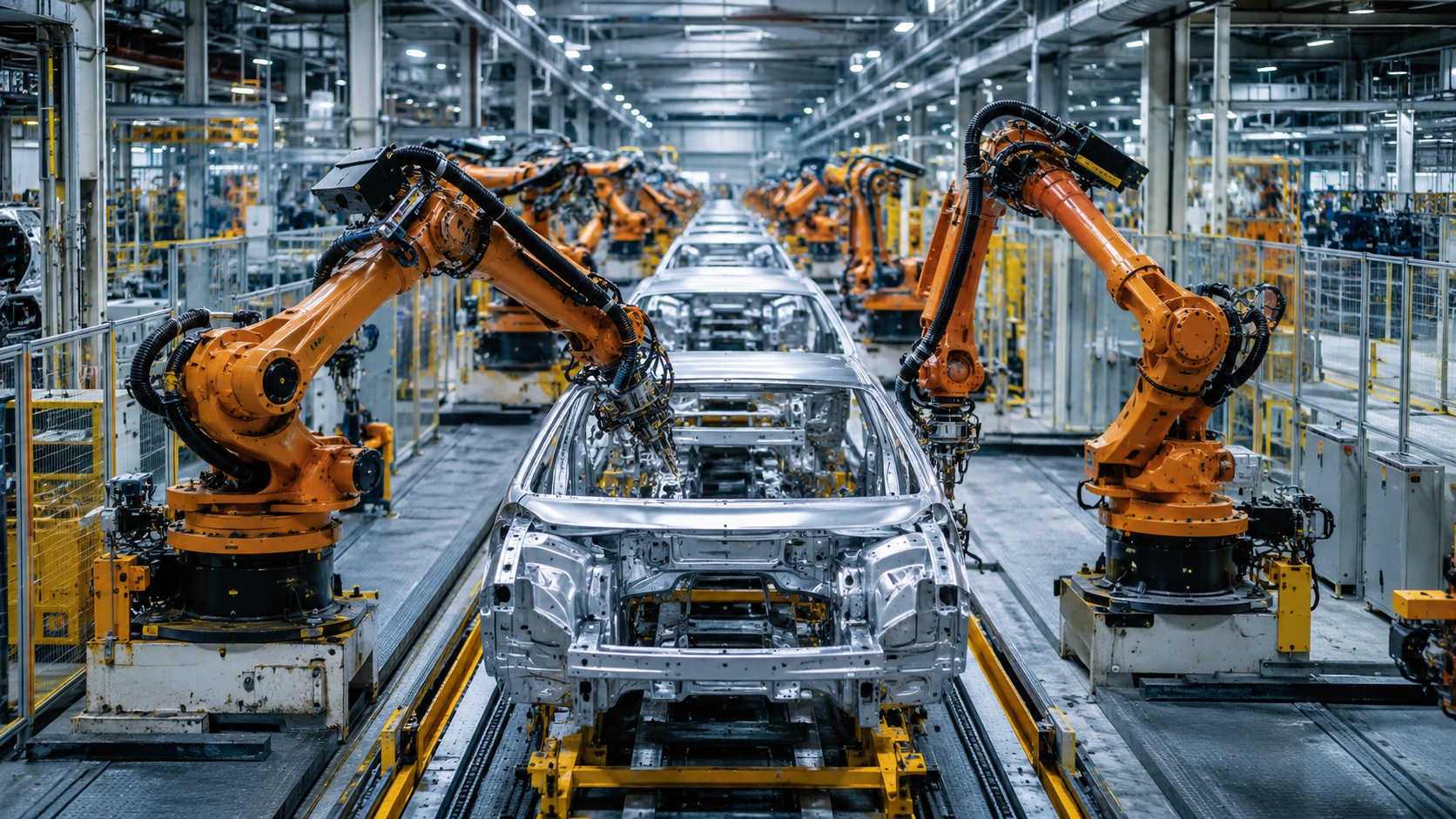 A row of six-axis industrial robot arms on an automotive assembly line