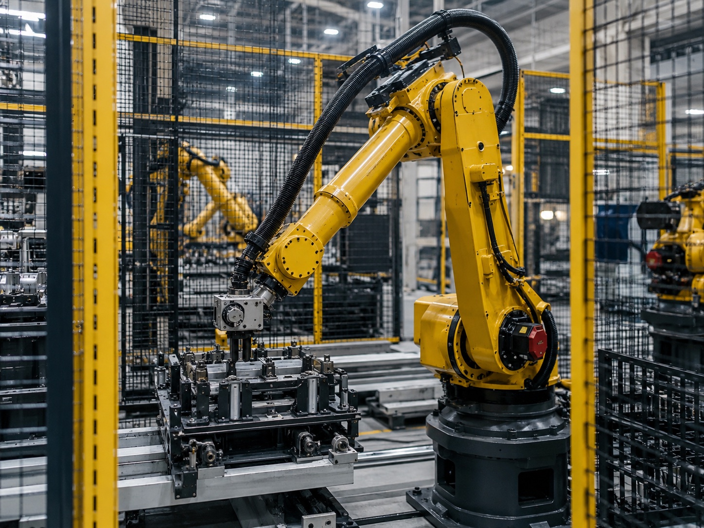 Caged six-axis industrial robots on a fenced production line