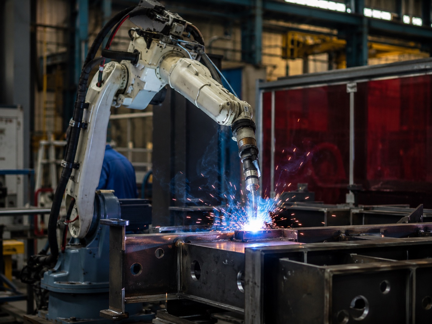 Industrial robot arm performing arc welding in a robotic welding cell
