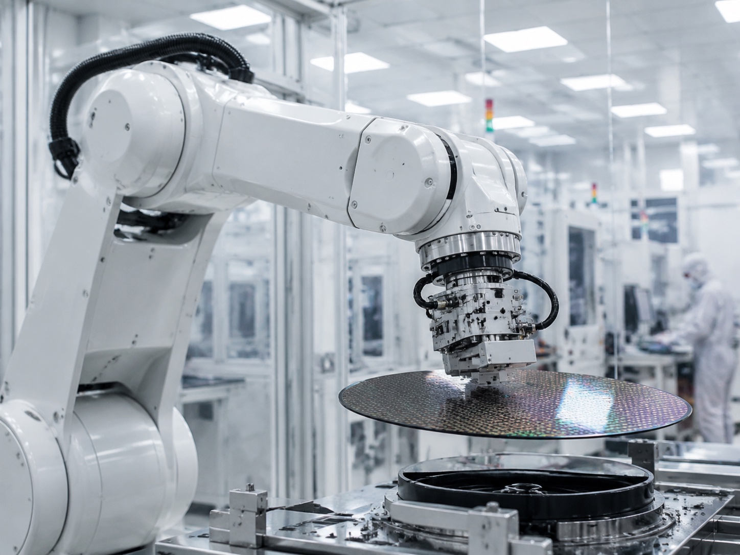 Precision industrial robot handling a wafer in a semiconductor cleanroom