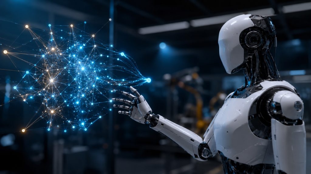 Humanoid robot hand connected to an abstract neural-network graph, illustrating robotics foundation models and embodied AI in 2026