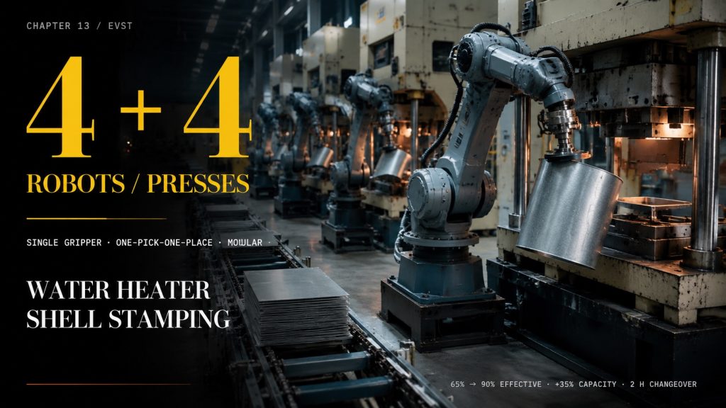 Water heater shell panel stamping automation line with progressive die press and robot unloading