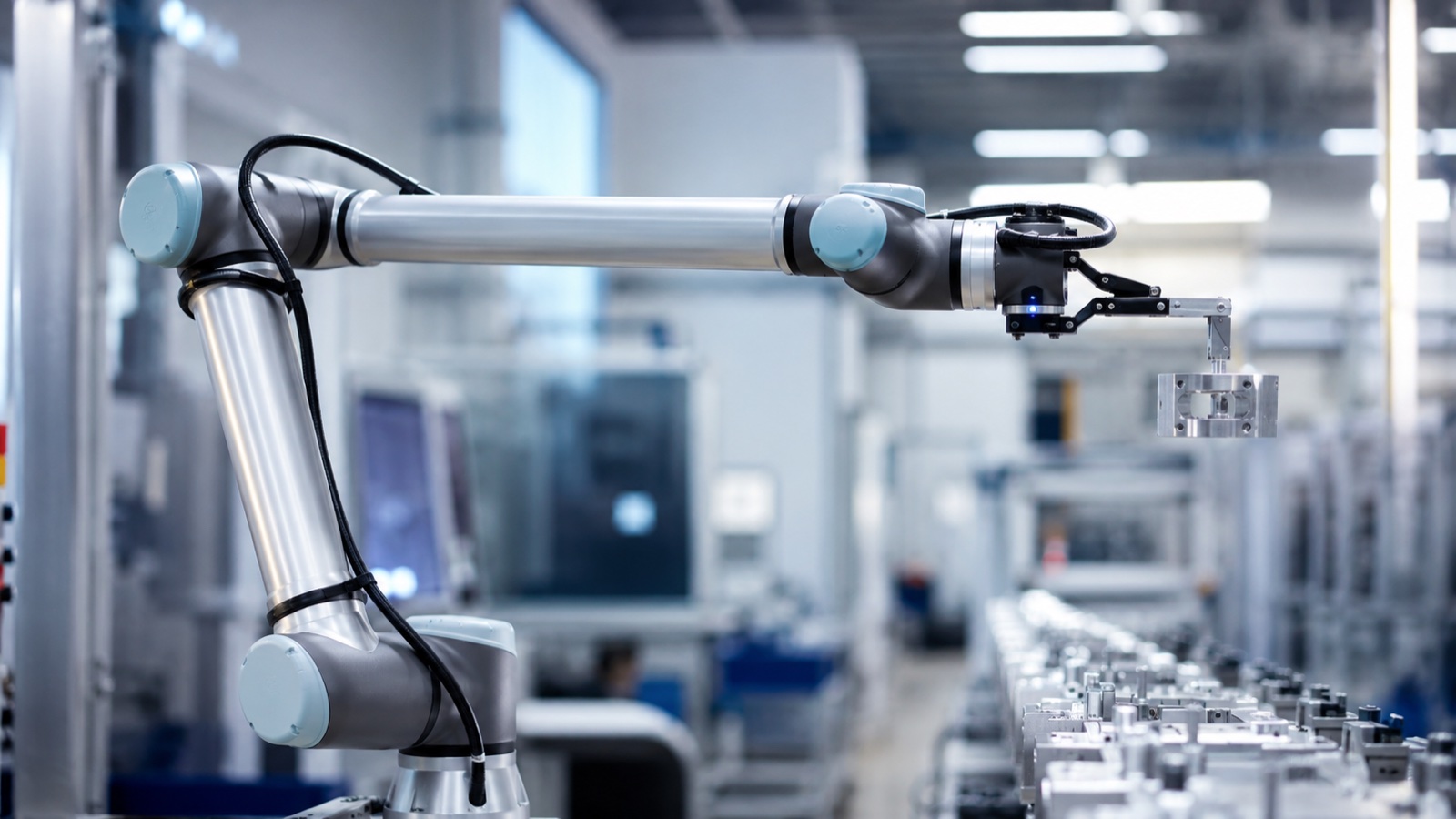 Collaborative robot arm carrying a workpiece with a gripper at full extension in a modern factory