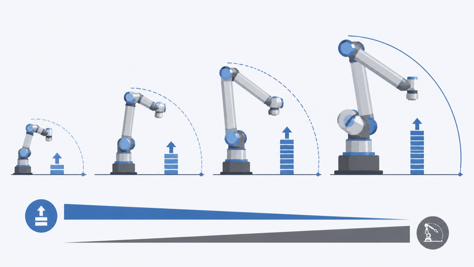 Flat diagram of four cobot payload classes showing how reach radius and payload trade off across arm sizes