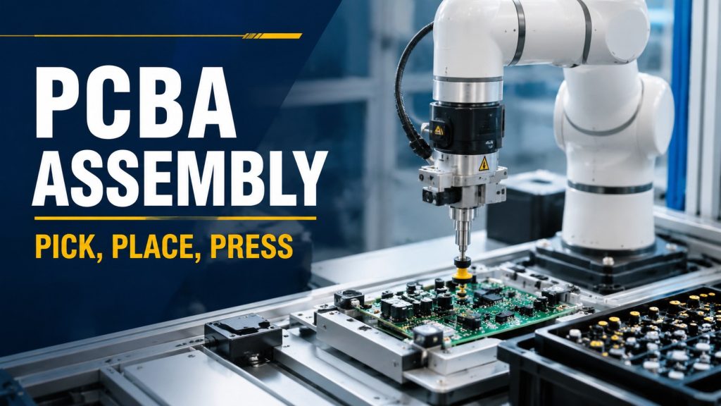 Cobot PCBA component loading workstation with board fixture, small parts, and inspection setup