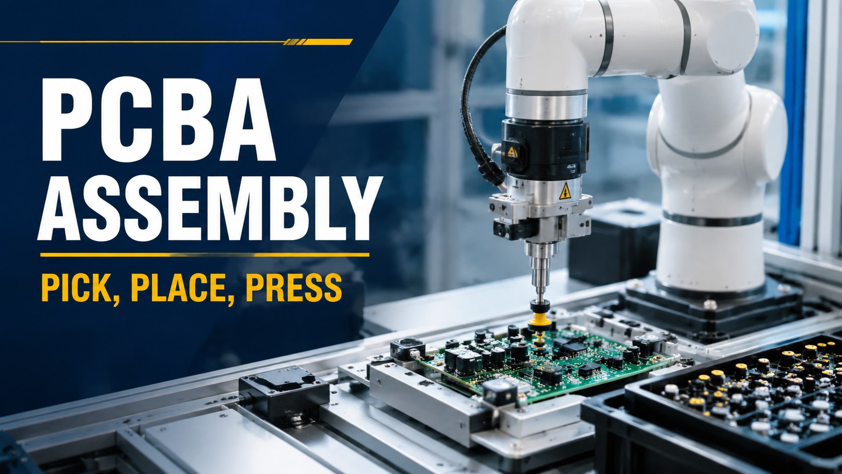 Cobot PCBA component loading workstation with board fixture, small parts, and inspection setup
