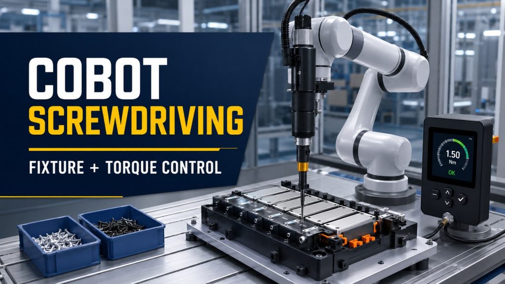 Cobot screwdriving workstation with fixture, electric screwdriver, and torque-control setup