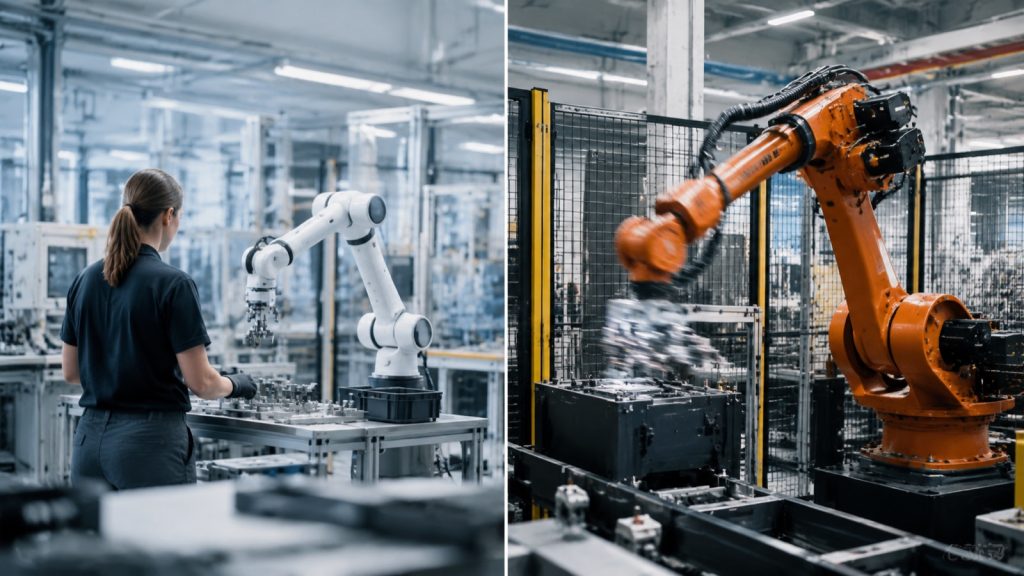 Comparison scene of a collaborative robot working beside a person and a fenced heavy industrial robot in a factory