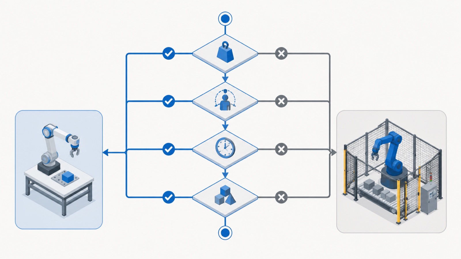 Decision-tree diagram for choosing between a cobot and an industrial robot based on payload, proximity, cycle time and product mix