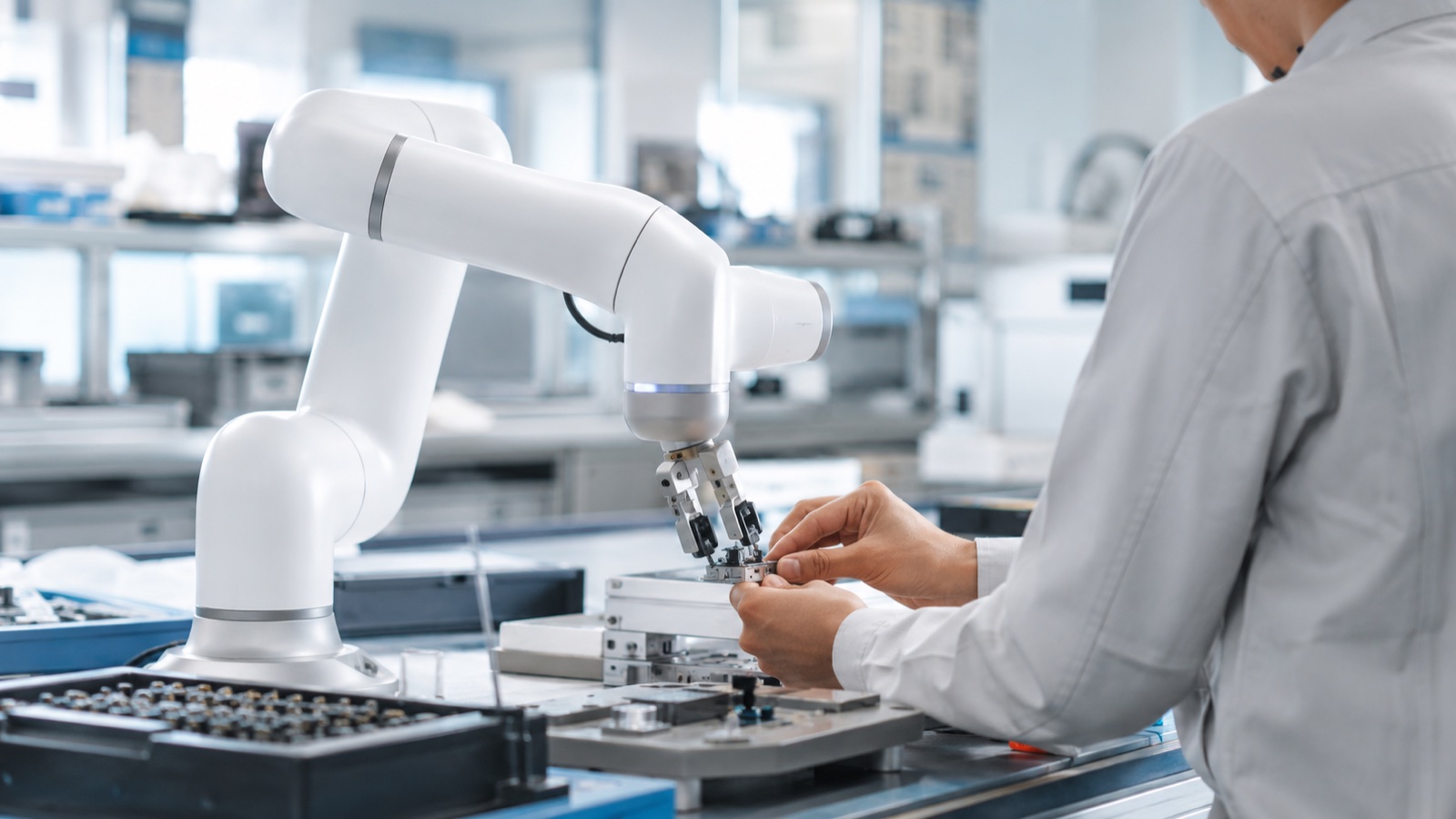 Collaborative robot arm working next to a human operator at an assembly bench without a safety fence