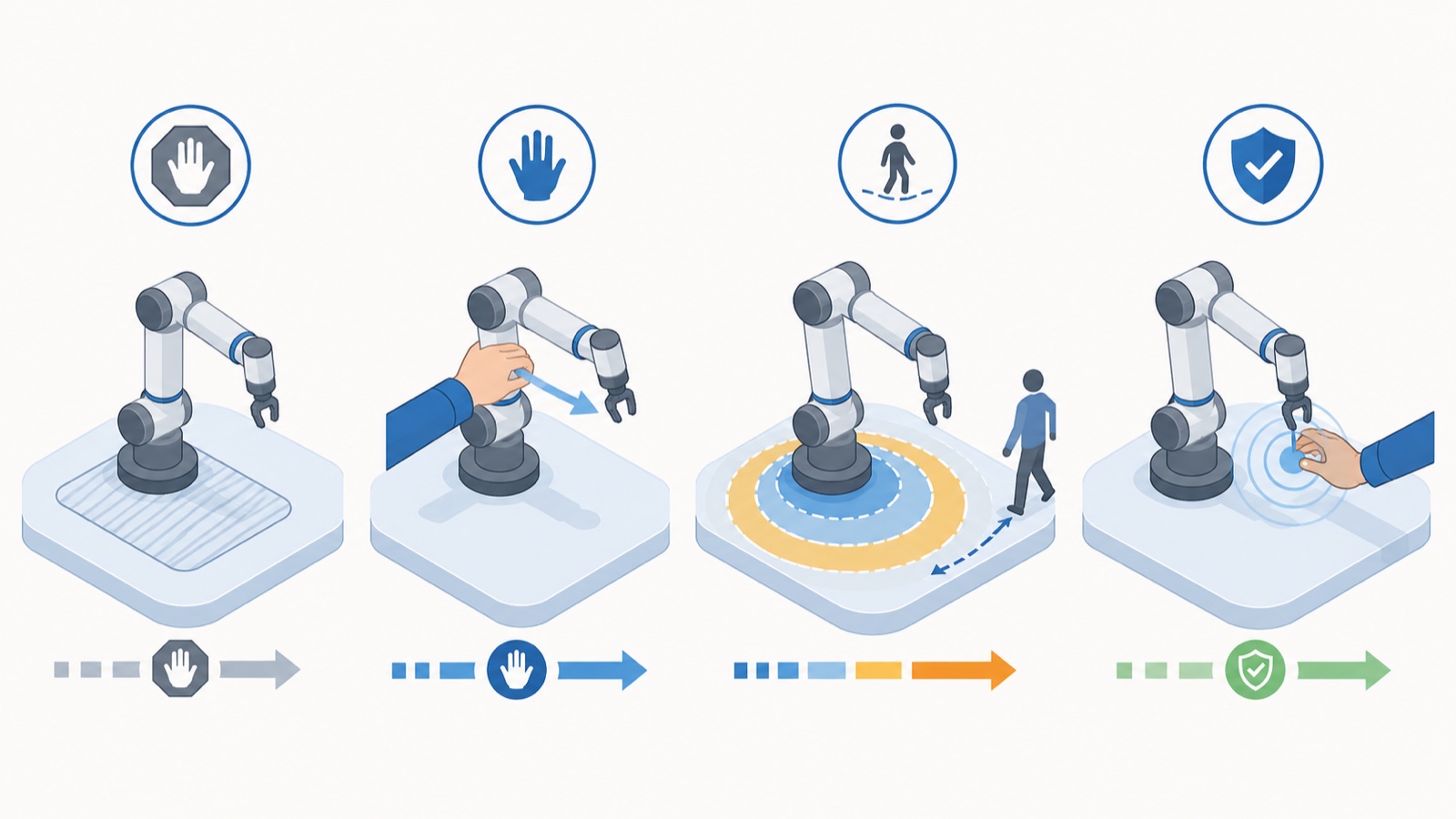 Diagram of the four ISO/TS 15066 collaboration modes: monitored stop, hand guiding, speed and separation monitoring, and power and force limiting