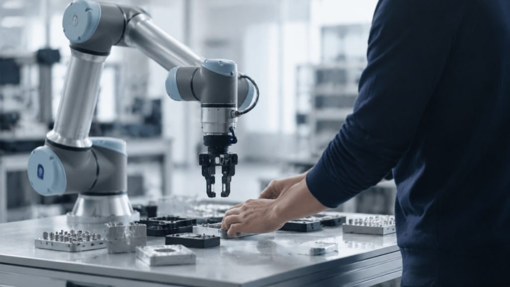 Collaborative robot working safely beside a human operator at a shared workbench