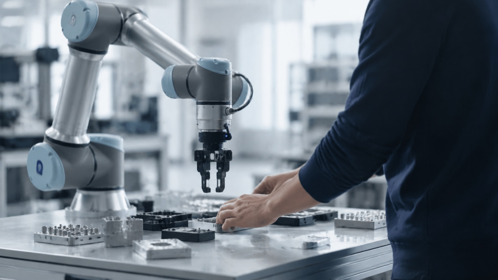 Collaborative robot working safely beside a human operator at a shared workbench
