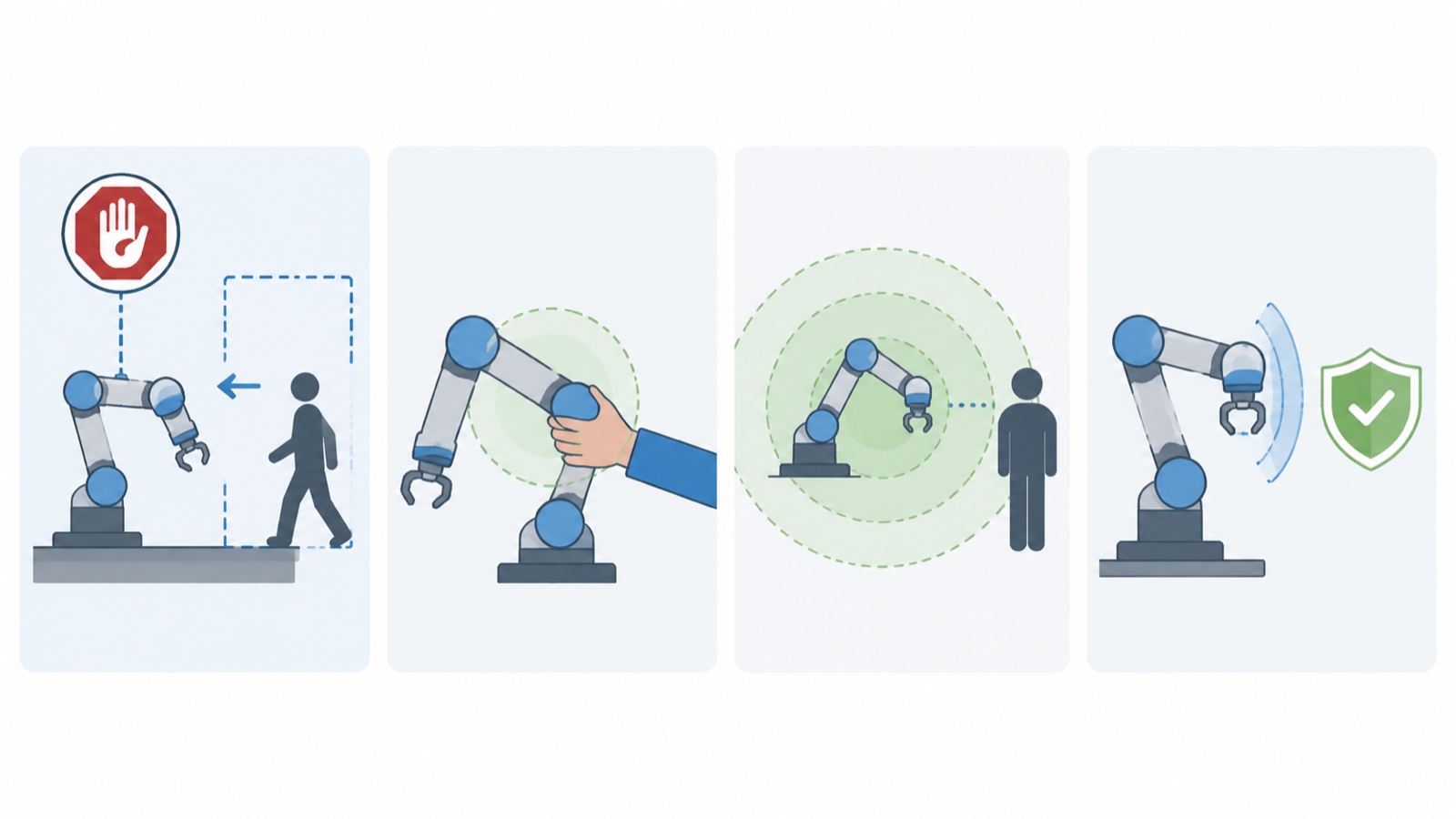 Flat diagram of the four ISO/TS 15066 collaborative methods: monitored stop, hand guiding, speed and separation, and power and force limiting