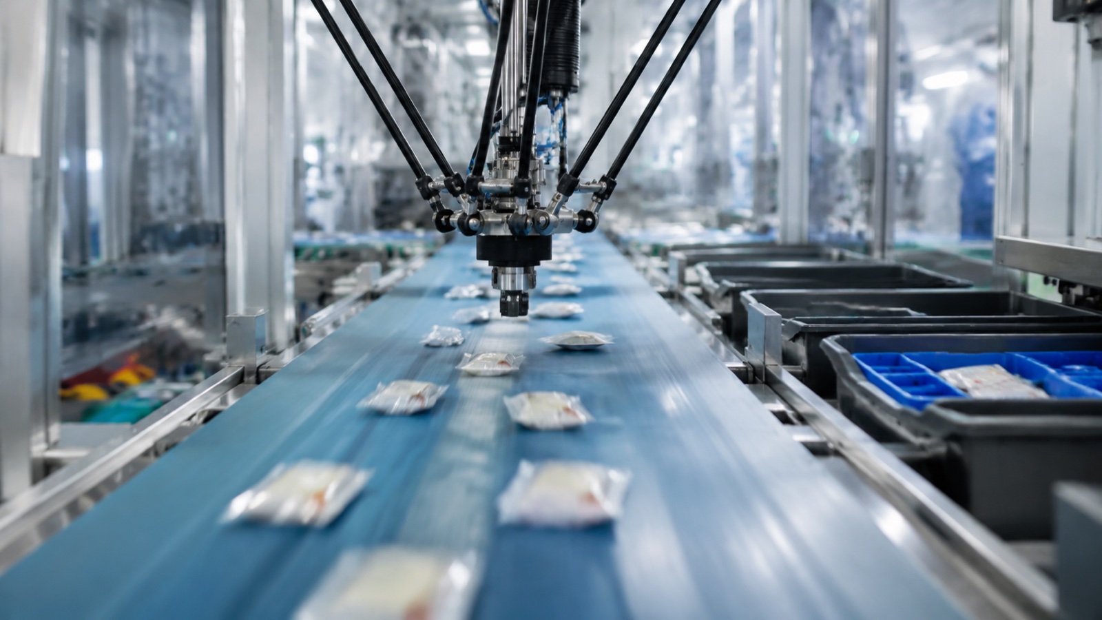 Overhead delta robot picking small products from a moving conveyor into trays on a packaging line