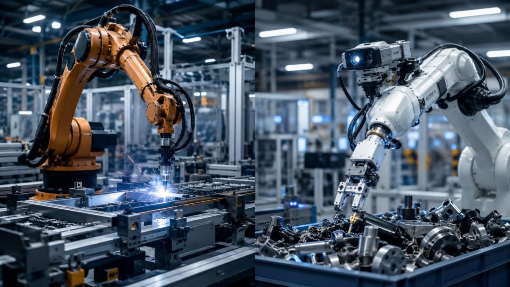 Split factory scene contrasting a traditional fixed industrial robot arm with an AI-driven sensor-equipped robot picking varied parts
