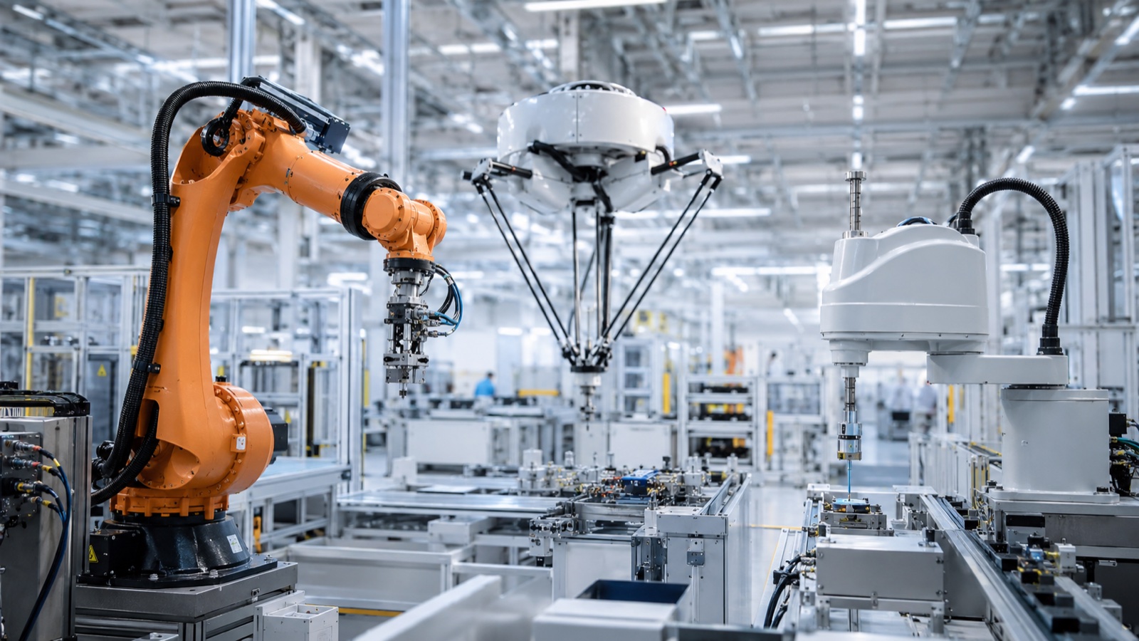Several industrial robot types including six-axis, SCARA, and delta working in one modern factory scene