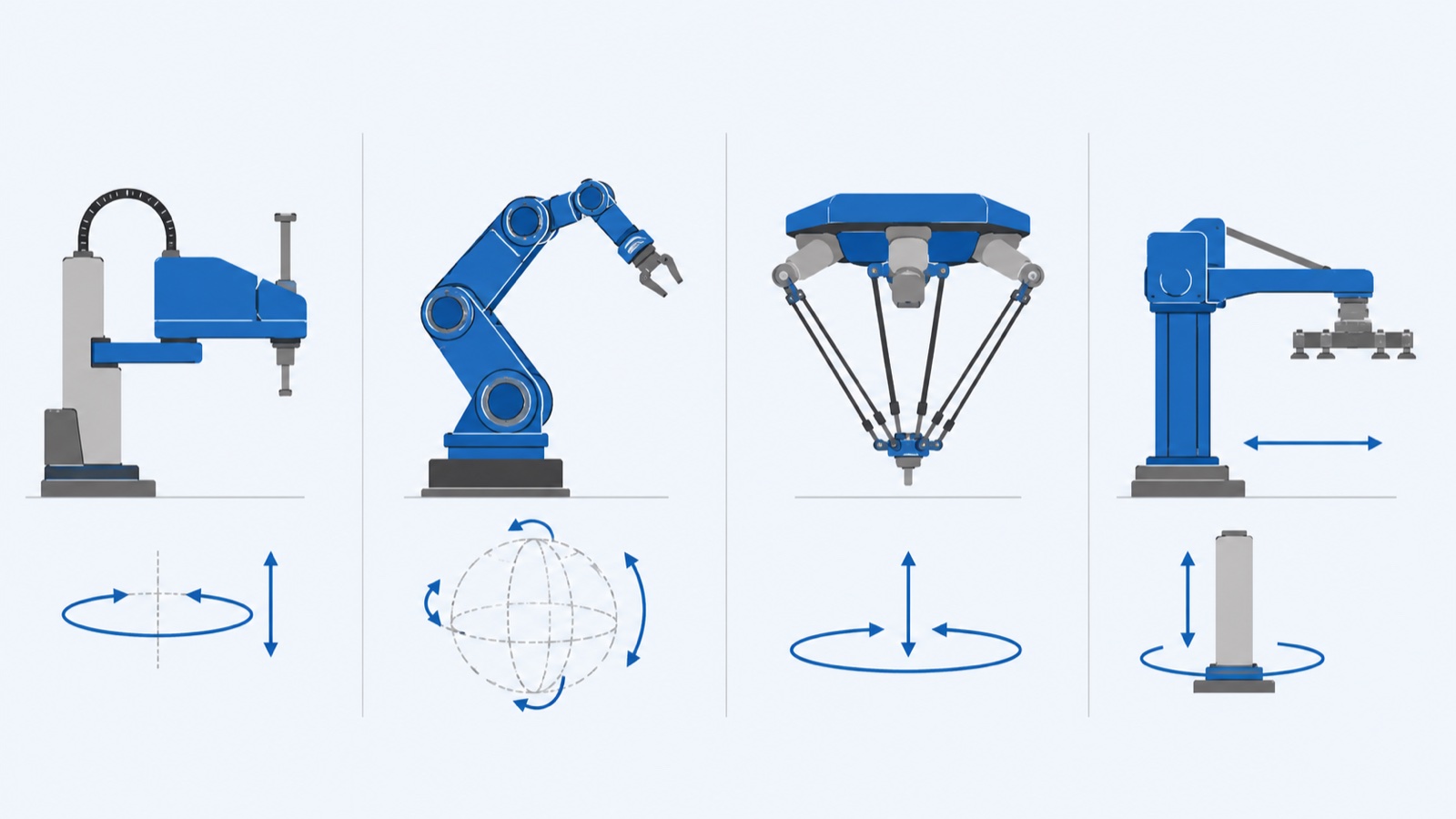 Flat diagram comparing SCARA, six-axis, delta, and palletizing robot types by their typical motion
