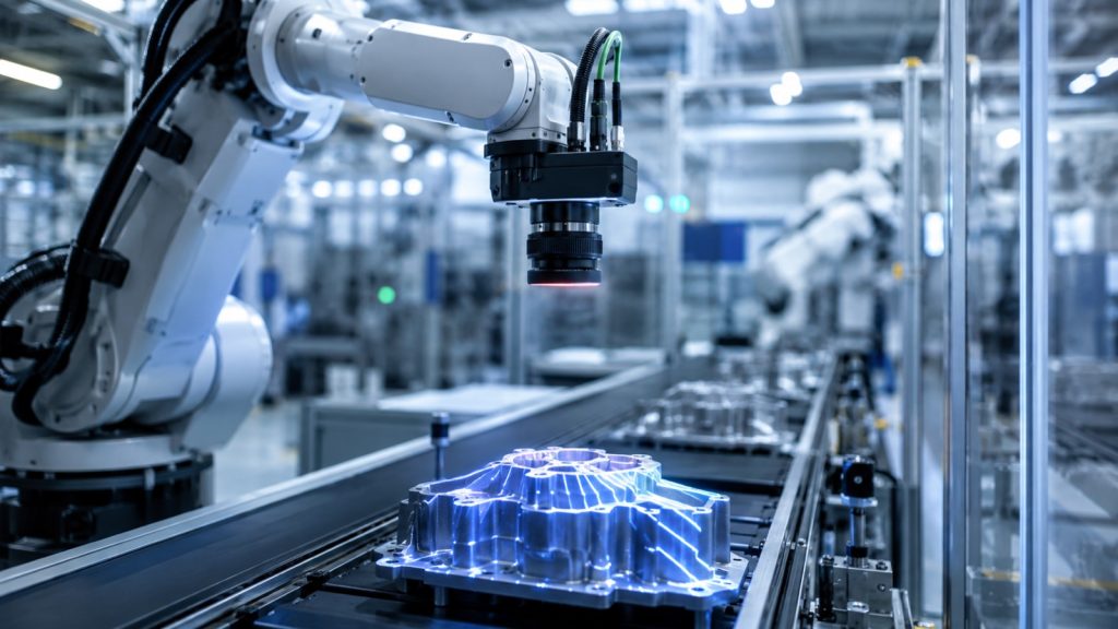 Industrial robot with a machine vision camera scanning parts on a conveyor in a modern factory